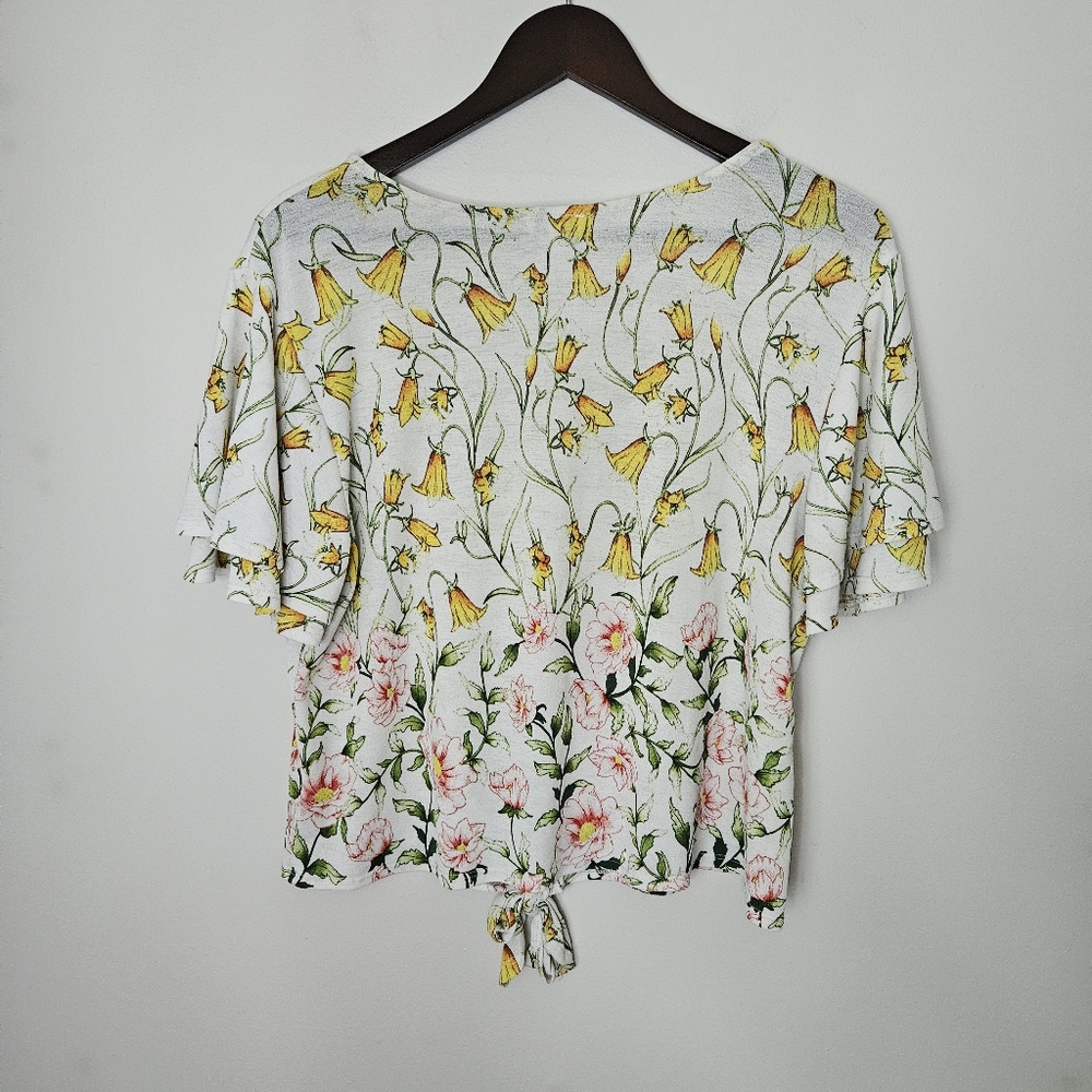 Lily White Blouse Floral Print Top Yellow Pink Green V-Neck Tie Front Casual - Picture 4 of 8